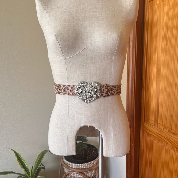 Leopard Print Faux Leather Belt Heart Rhinestone Buckle Casual Funky Maximalist
